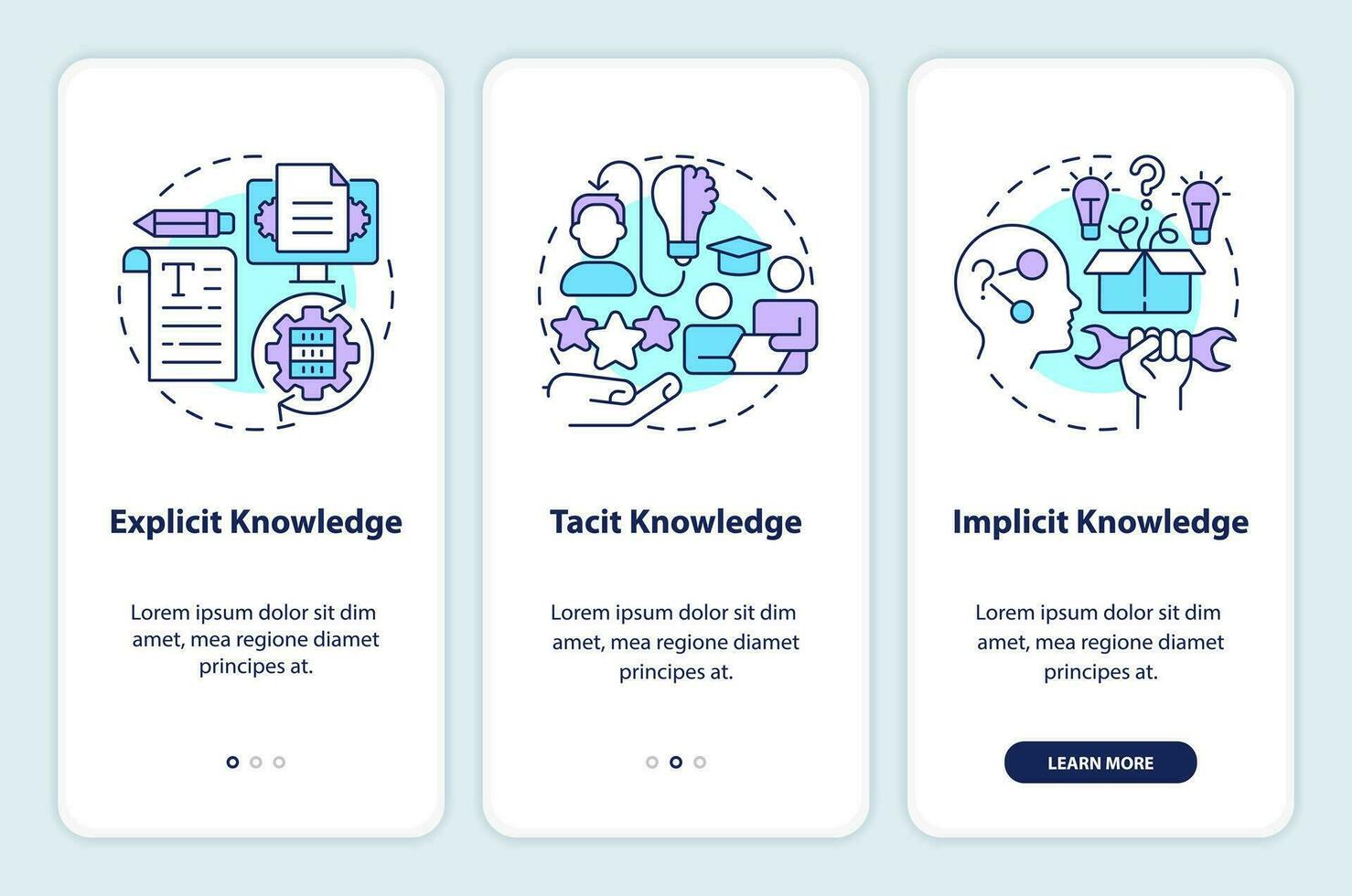 2D linear icons representing knowledge management mobile app screen set. 3 steps graphic instructions, UI, UX, GUI template. vector