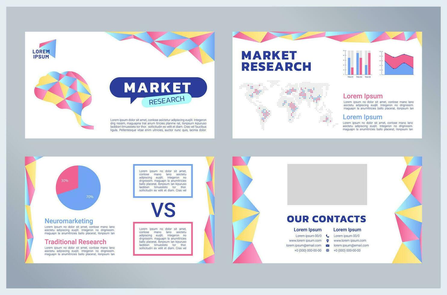 Market research presentation templates set. Business strategy. Industry analysis. Company development. Ready made PPT slides on white background. Graphic design vector