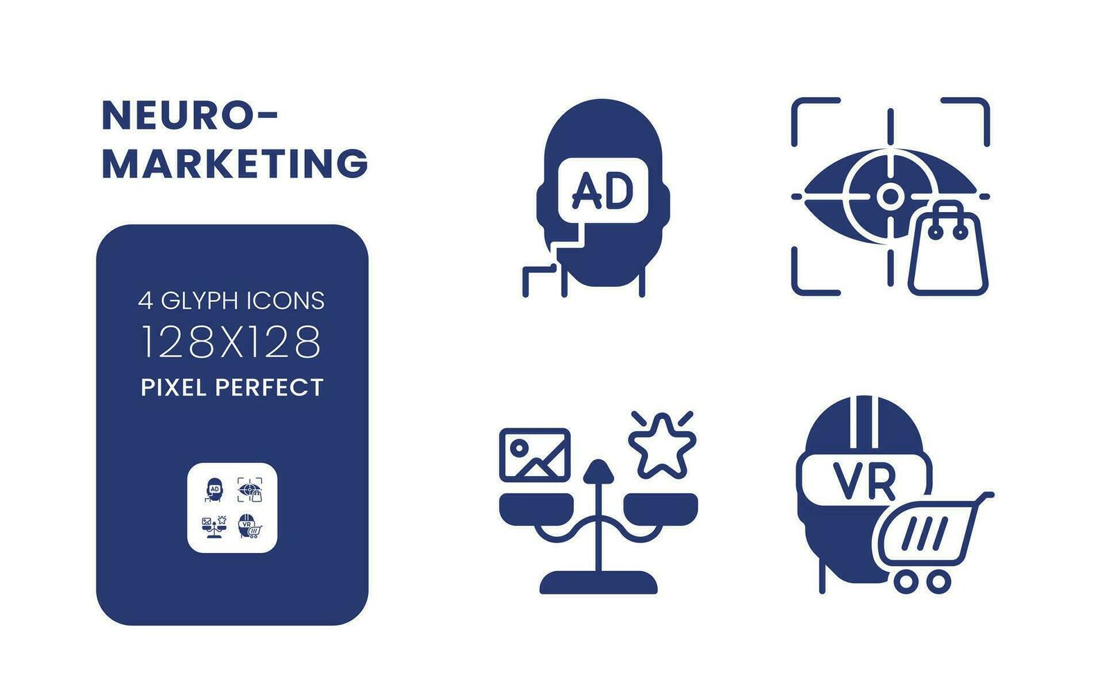 Neuromarketing black solid desktop icons pack. Consumer neuroscience. Advertising message. Pixel perfect 128x128, outline 4px. Symbols on white space. Glyph pictograms. Isolated vector images