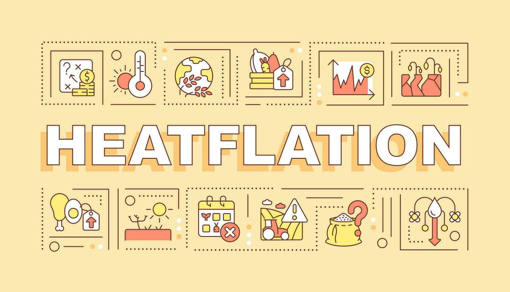 Heatflation text concept with various icons on yellow monochromatic background, editable 2D vector illustration.
