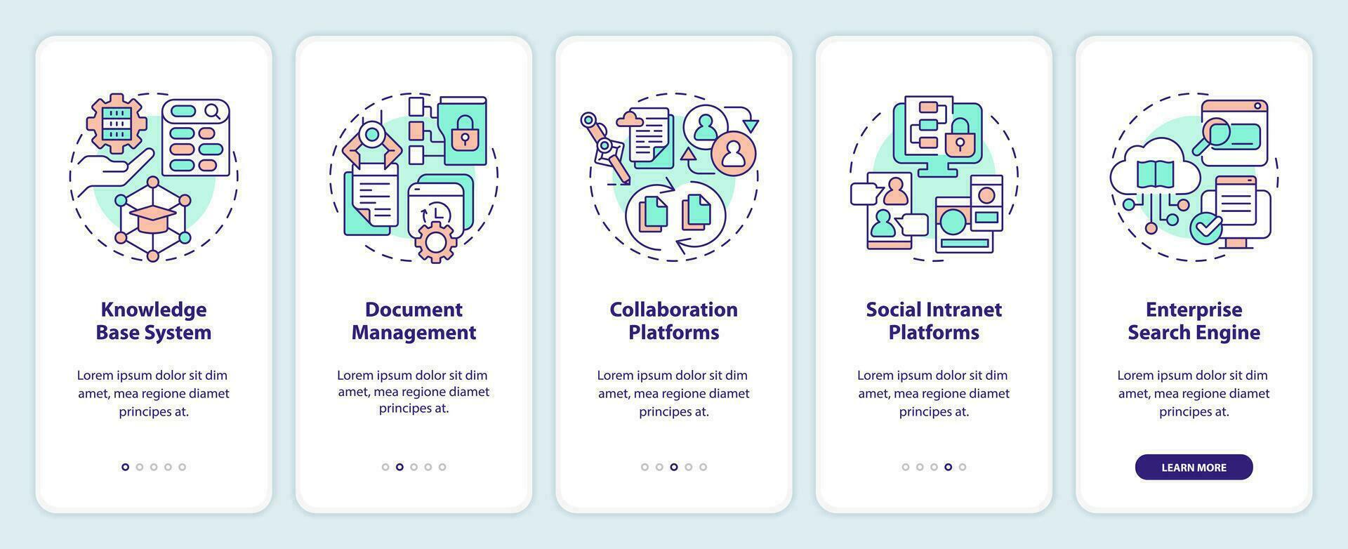 2d vistoso Delgado línea íconos representando conocimiento administración móvil aplicación pantalla colocar. 5 5 pasos gráfico instrucciones, ui, ux, gui modelo. vector