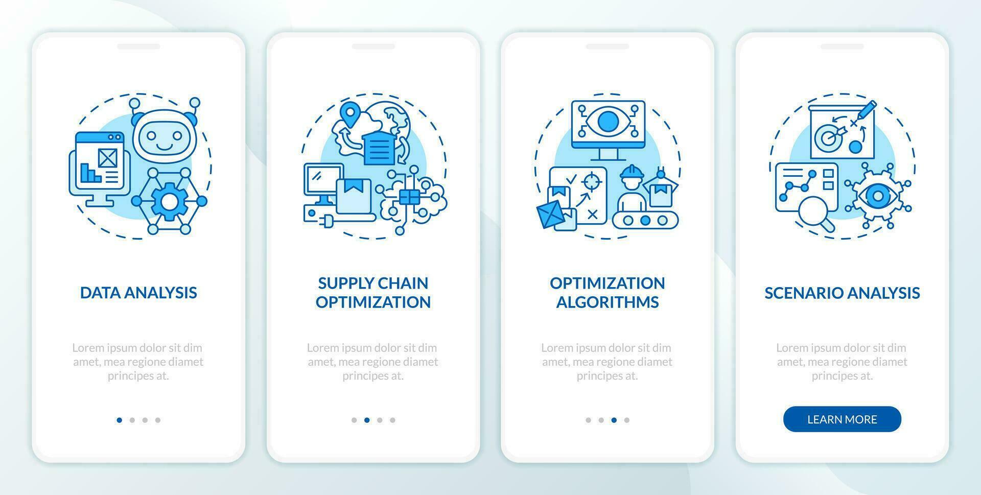 2D blue linear icons representing overproduction mobile app screen set. 4 steps graphic instructions, UI, UX, GUI template. vector