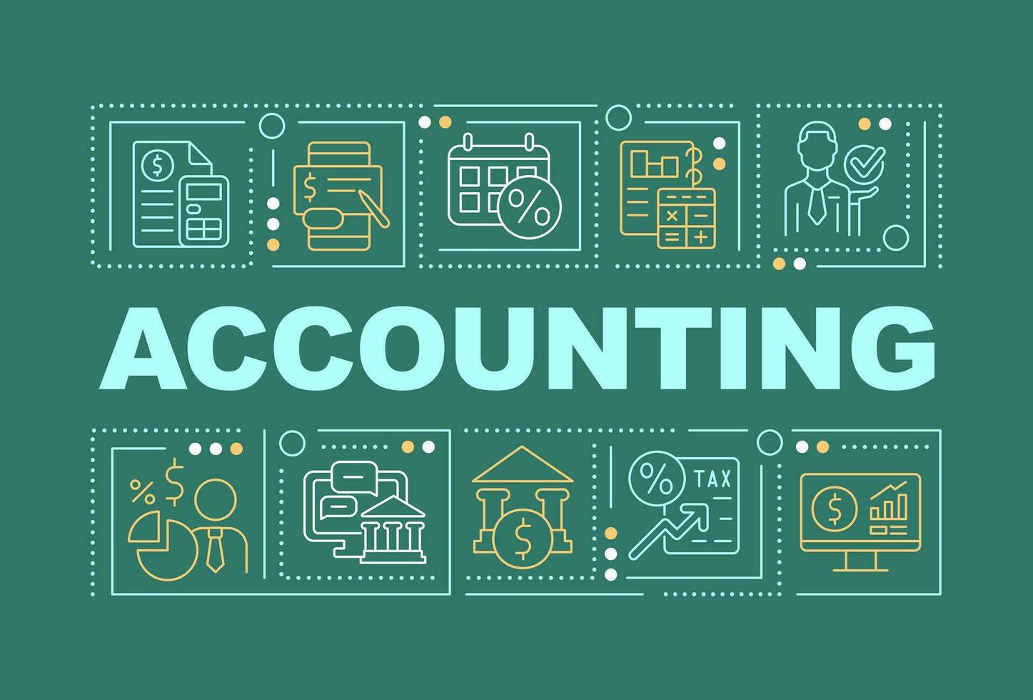 Accounting word concepts dark green banner. Financial managment. Infographics with editable icons on color background. Isolated typography. Vector illustration with text