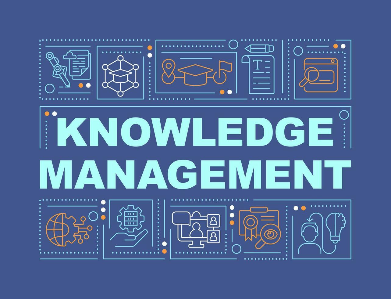 2D knowledge management text with various icons on dark monochromatic background, vector illustration.