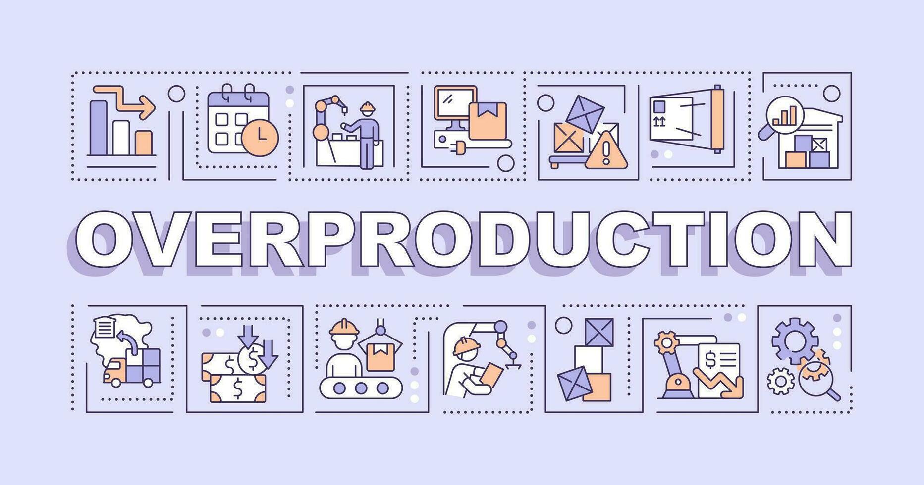 Overproduction text with various line icons on purple monochromatic background, 2D vector illustration.