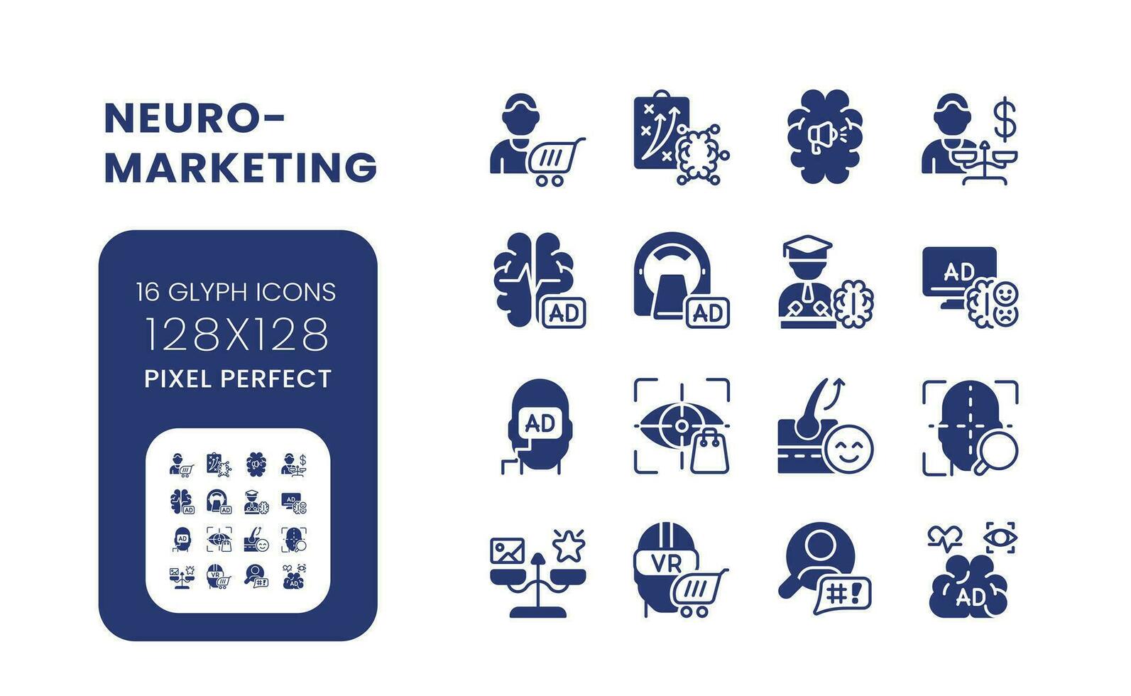 Neuromarketing black solid desktop icons pack. Consumer neuroscience. Effective marketing campaign. Pixel perfect 128x128, outline 4px. Symbols on white space. Glyph pictograms. Isolated vector images