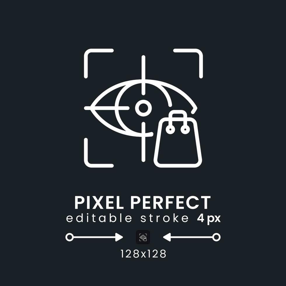 Eye tracking white linear desktop icon on black. Consumer insight. Neuromarketing technique. Pixel perfect 128x128, outline 4px. Isolated user interface symbol for dark theme. Editable stroke vector