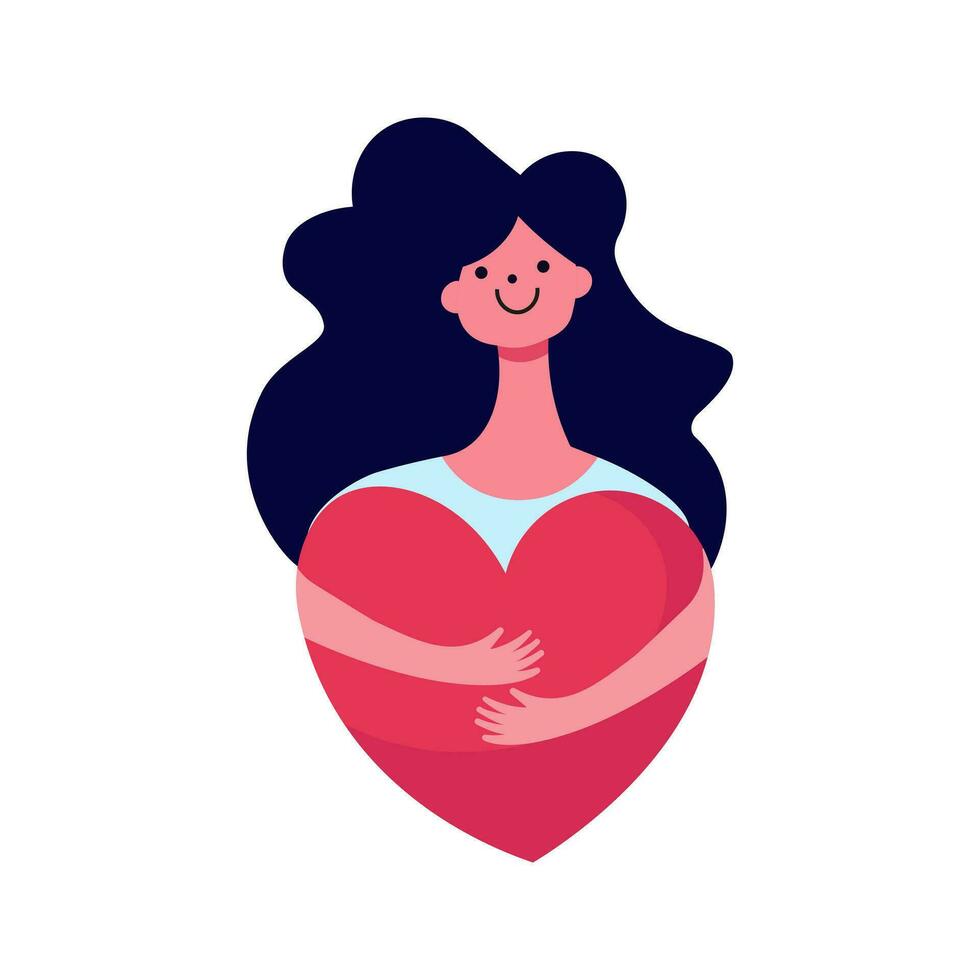 Happy girl gives love and kindness. Young woman embraces a big red heart with hands. Concept of charity, philanthropy, empathy and donation. vector illustration