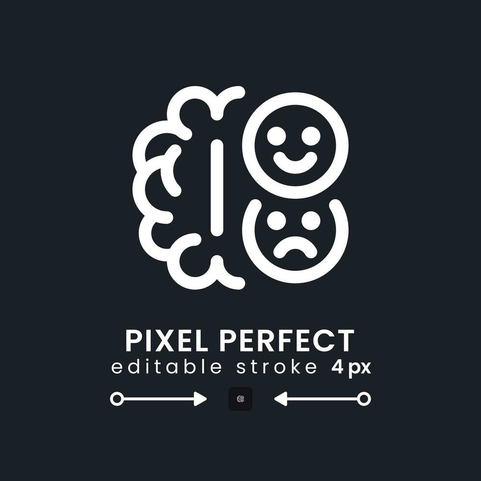 Human emotions white linear desktop icon on black. Brain process. Neuro marketing. Cognitive appraisal. Pixel perfect, outline 4px. Isolated user interface symbol for dark theme. Editable stroke vector
