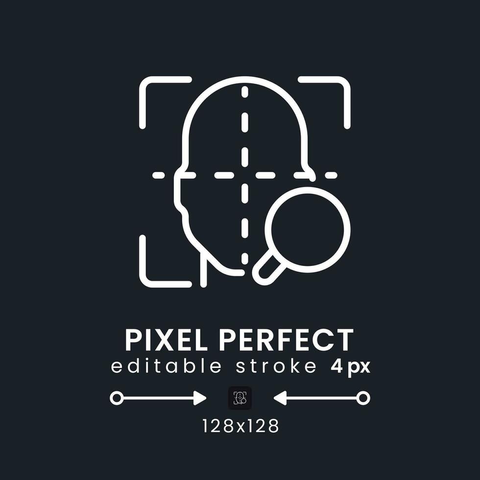 Facial coding white linear desktop icon on black. Face recognition. Measuring human emotions. Pixel perfect 128x128, outline 4px. Isolated user interface symbol for dark theme. Editable stroke vector