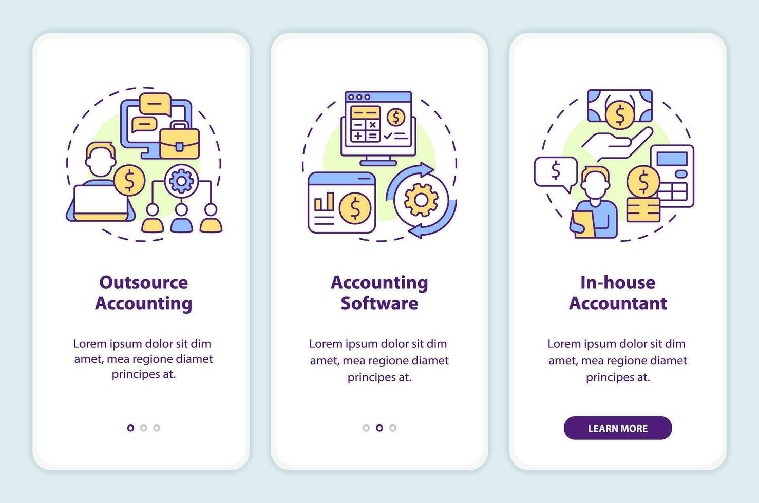 Business accounting management onboarding mobile app screen. Walkthrough 3 steps editable graphic instructions with linear concepts. UI, UX, GUI template vector