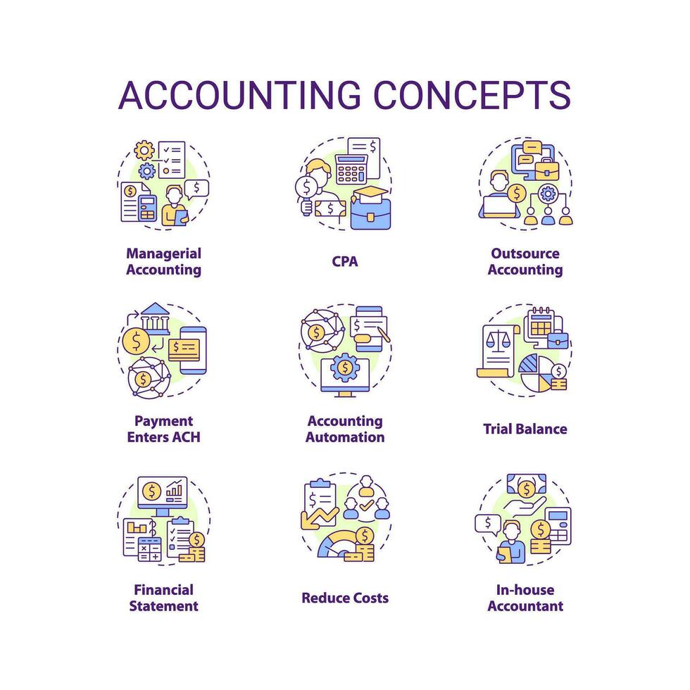 Accounting concept icons set. Financial statement. Business performance idea thin line color illustrations. Isolated symbols. Editable stroke vector