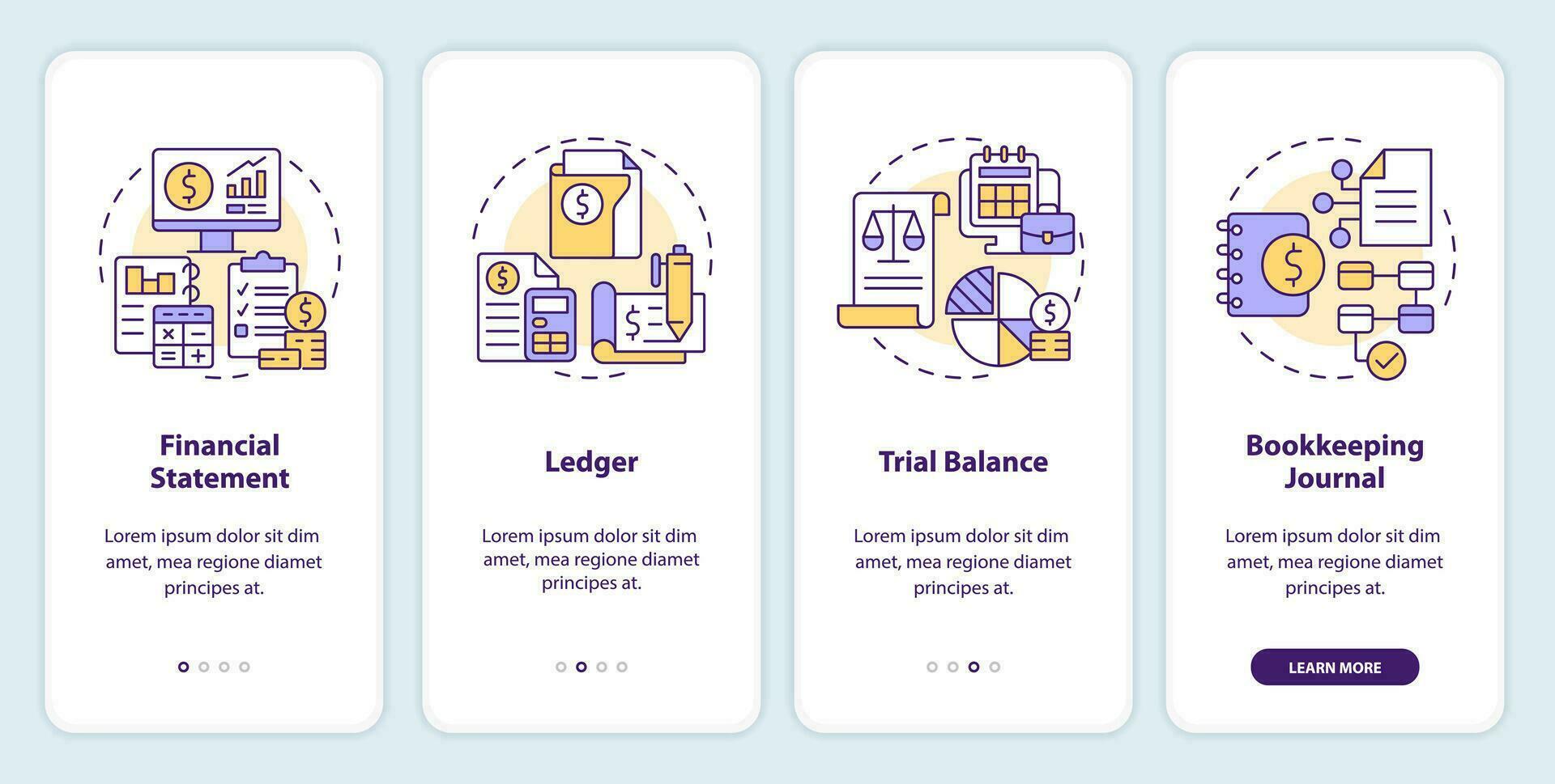 teneduría de libros elementos inducción móvil aplicación pantalla. recorrido 4 4 pasos editable gráfico instrucciones con lineal conceptos. ui, ux, gui modelo vector