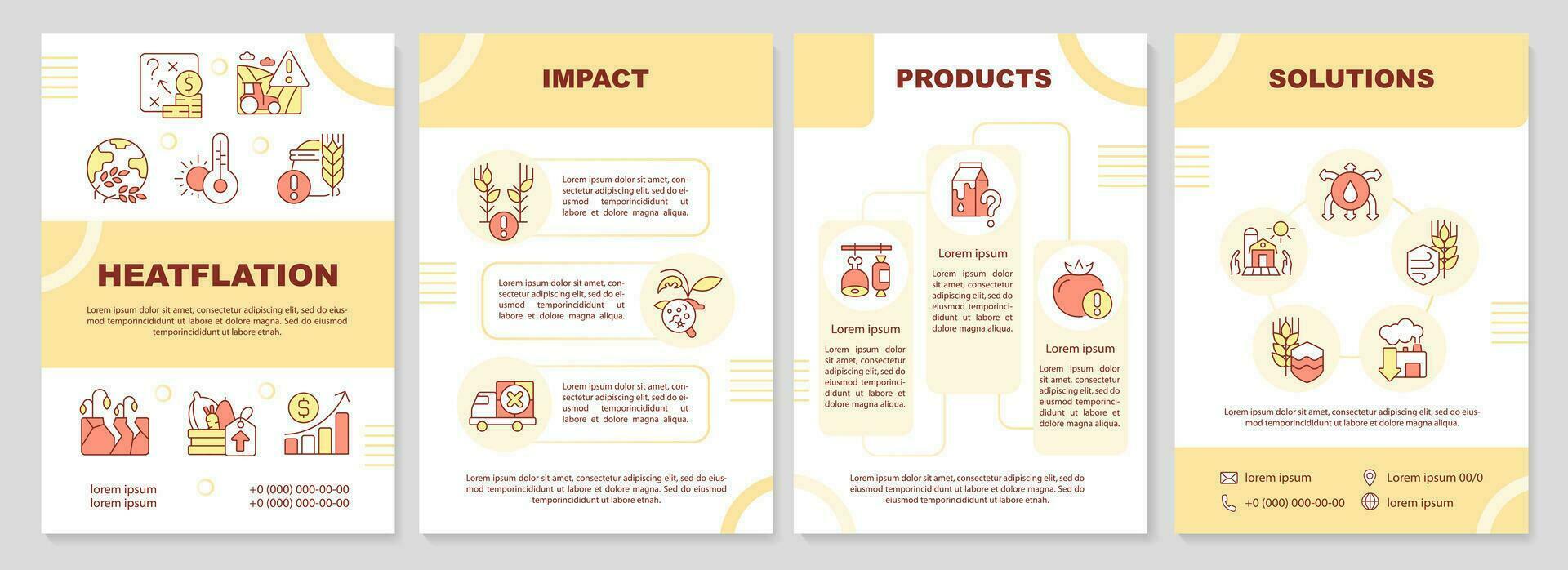 Heatflation yellow brochure template, leaflet design with linear icons. 4 vector layouts representing global warming.