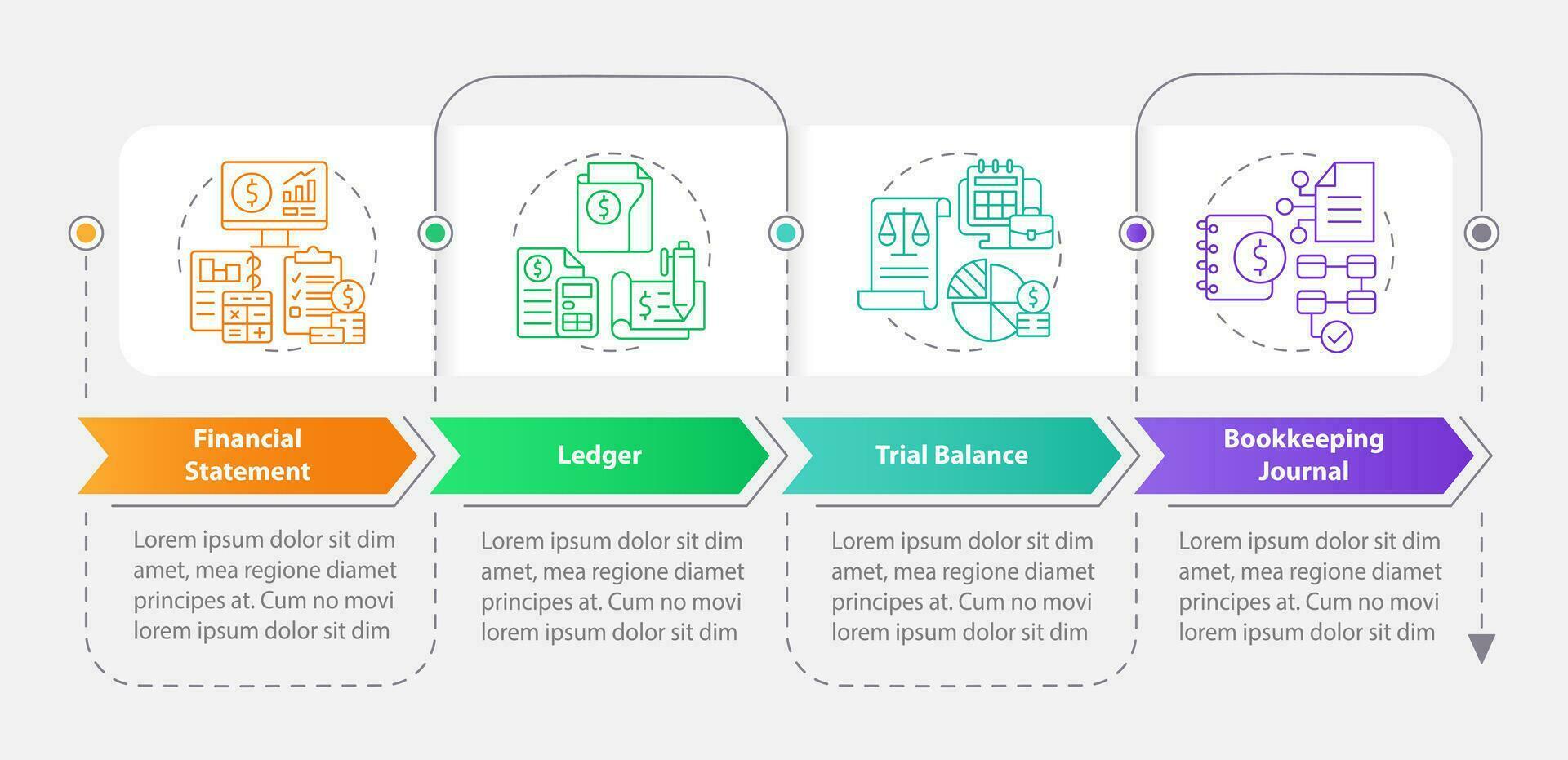 Bookkeeping elements rectangle infographic template. Data visualization with 4 steps. Editabe timeline info chart. Workflow layout with line icons vector