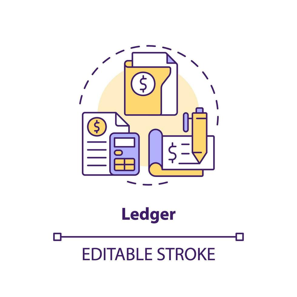 Ledger concept icon. Record of financial transactions. Bookkeeping element abstract idea thin line illustration. Isolated outline drawing. Editable stroke vector