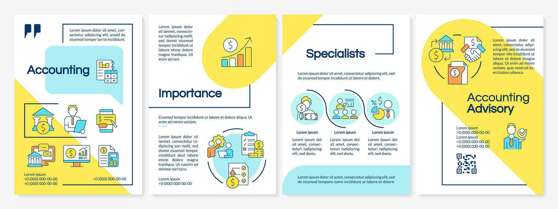 Accounting blue and yellow brochure template. Advisory service. Leaflet design with linear icons. Editable 4 vector layouts for presentation, annual reports