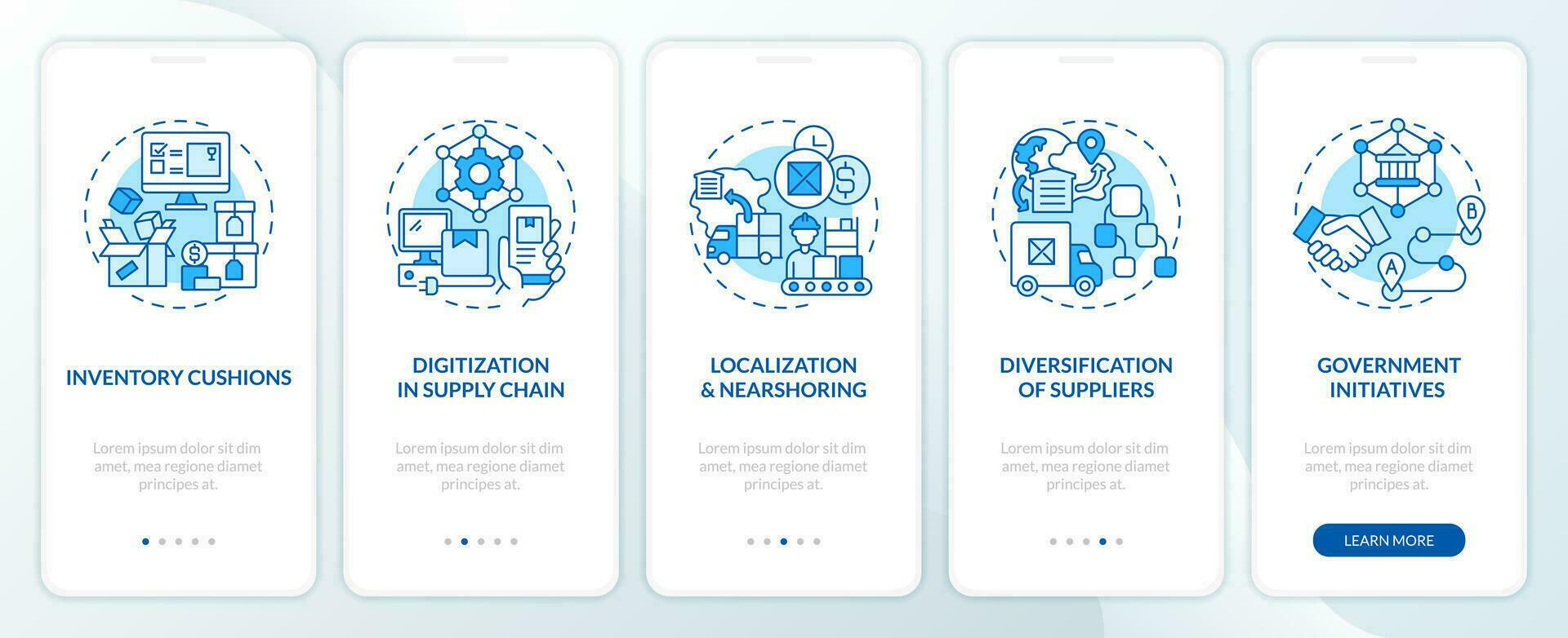 Disruption action plan blue onboarding mobile app screen. Supply chain walkthrough 4 steps editable graphic instructions with linear concepts. UI, UX, GUI template vector