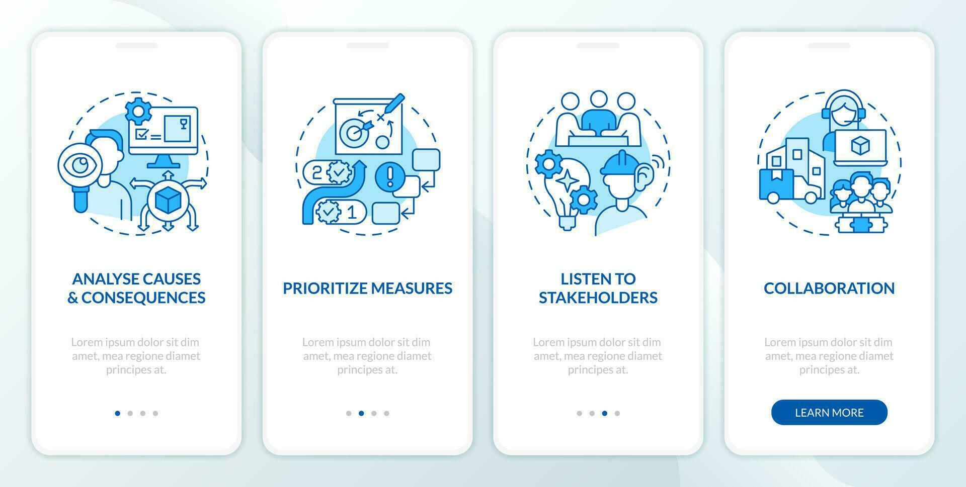 Supply chain disruptions blue onboarding mobile app screen. Logistics walkthrough 4 steps editable graphic instructions with linear concepts. UI, UX, GUI template vector