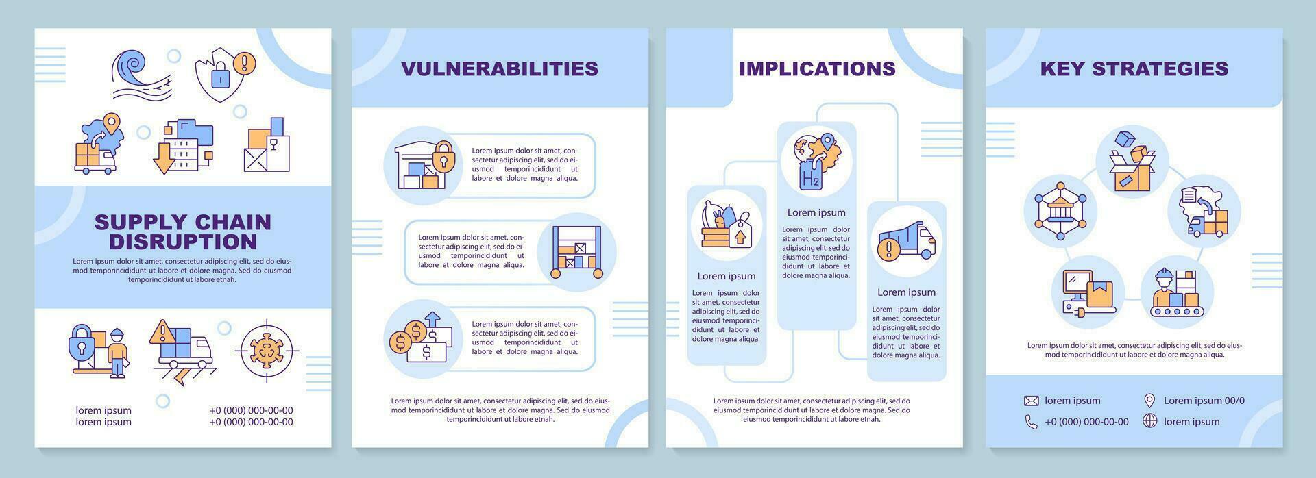 Supply chain disruption blue brochure template. Leaflet design with linear icons. Editable 4 vector layouts for presentation, annual reports