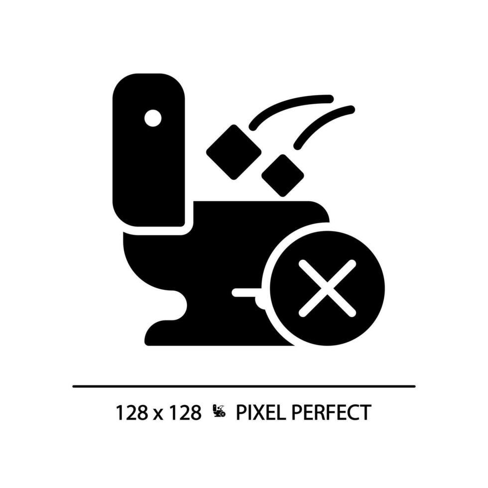 Do not throw trash in toilet pixel perfect black glyph icon. Restroom usage rule. Support hygiene in public washroom. Silhouette symbol on white space. Solid pictogram. Vector isolated illustration