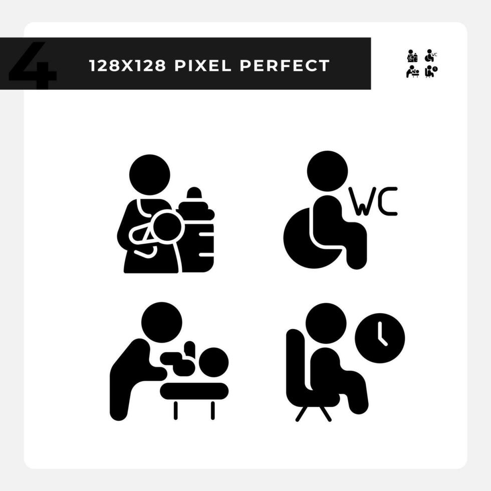 Rooms for baby care and rest pixel perfect black glyph icons set on white space. WC for disabled visitors. Place to rest. Silhouette symbols. Solid pictogram pack. Vector isolated illustration