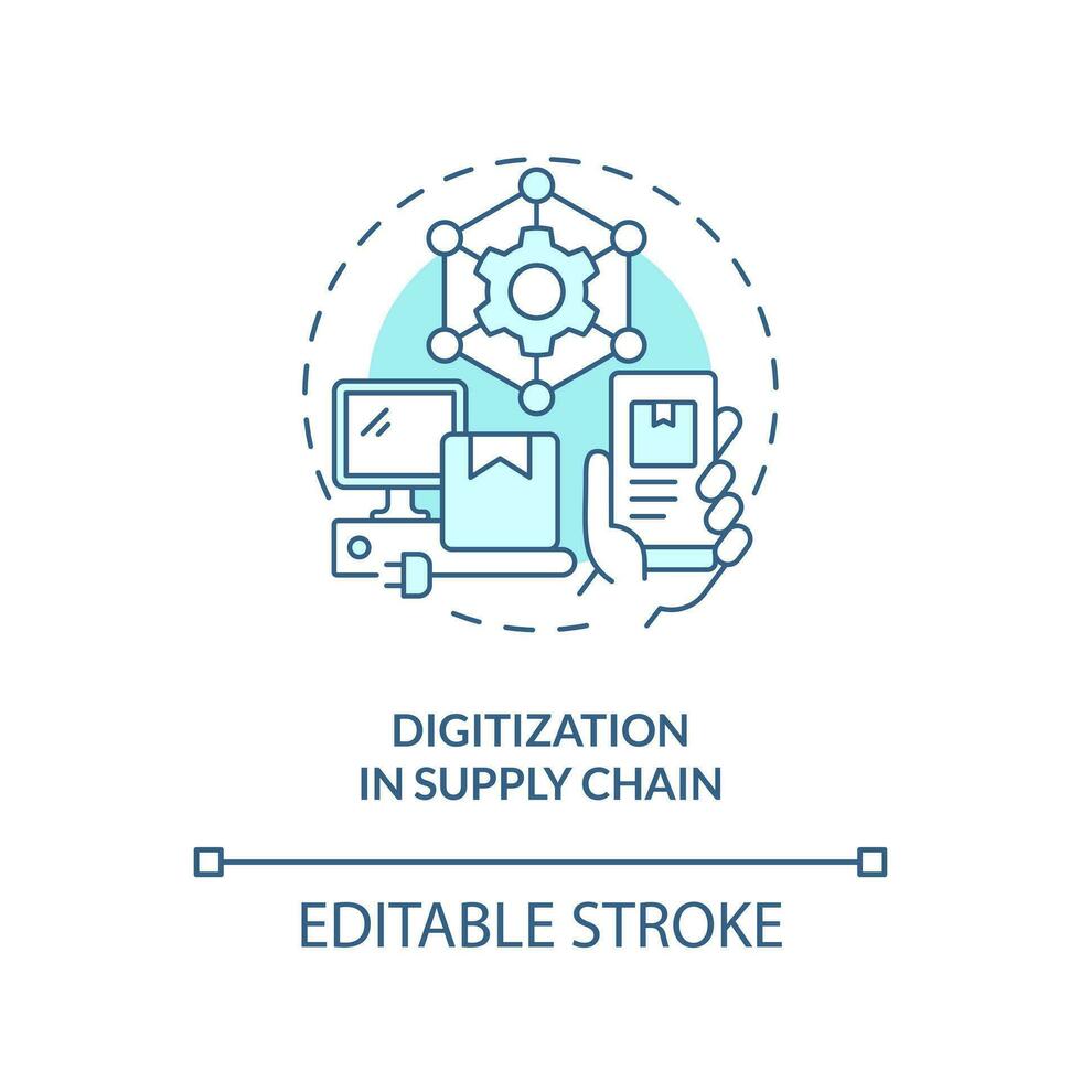 Digitization in supply chain turquoise concept icon. Key strategy of distribution abstract idea thin line illustration. Isolated outline drawing. Editable stroke vector