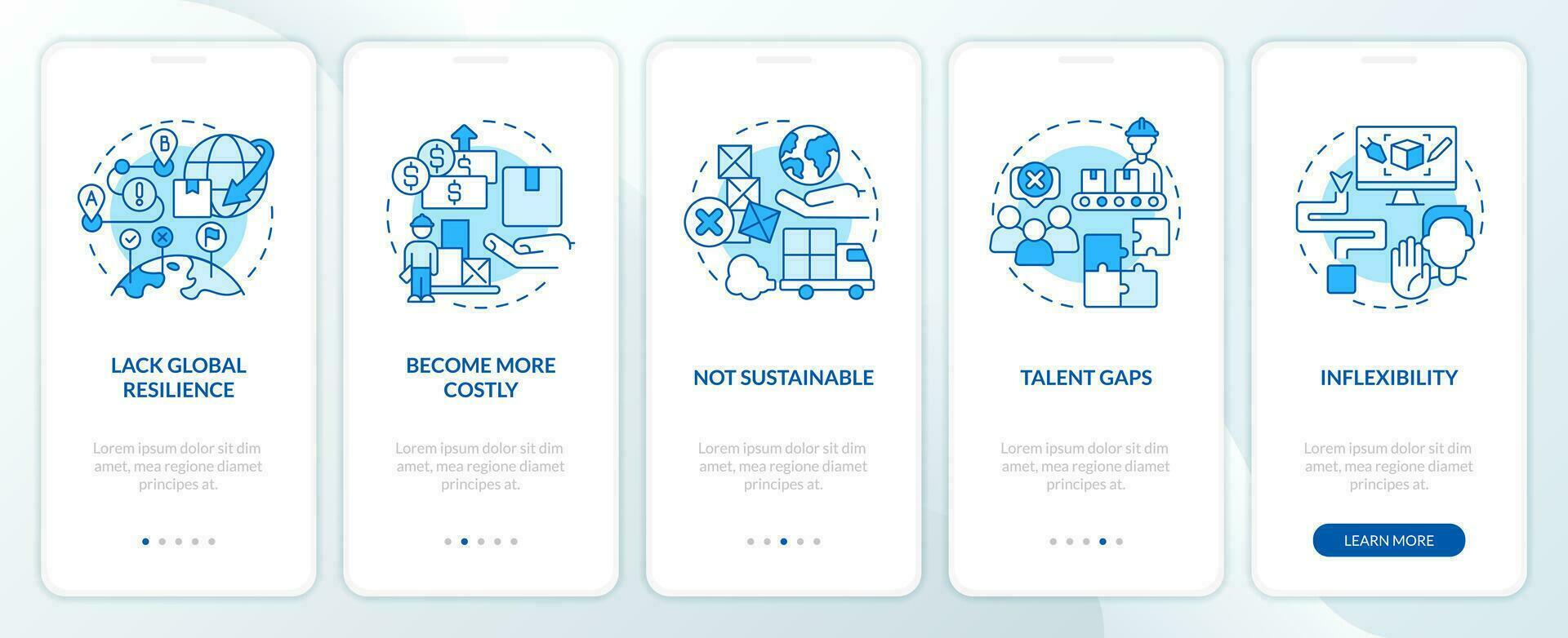 Vulnerabilities in supply chain blue onboarding mobile app screen. Walkthrough 5 steps editable graphic instructions with linear concepts. UI, UX, GUI template vector