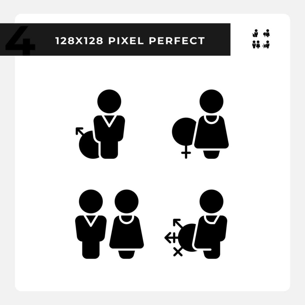 Toilets for different gender groups pixel perfect black glyph icons set on white space. WC in public place. Restroom. Silhouette symbols. Solid pictogram pack. Vector isolated illustration