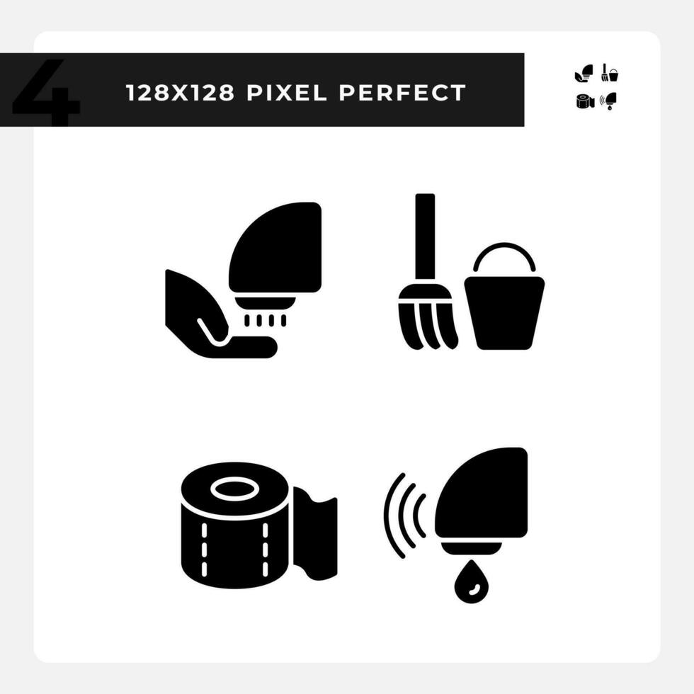 Toilet room equipment pixel perfect black glyph icons set on white space. Supplies for hygiene. Restroom visitor service. Silhouette symbols. Solid pictogram pack. Vector isolated illustration