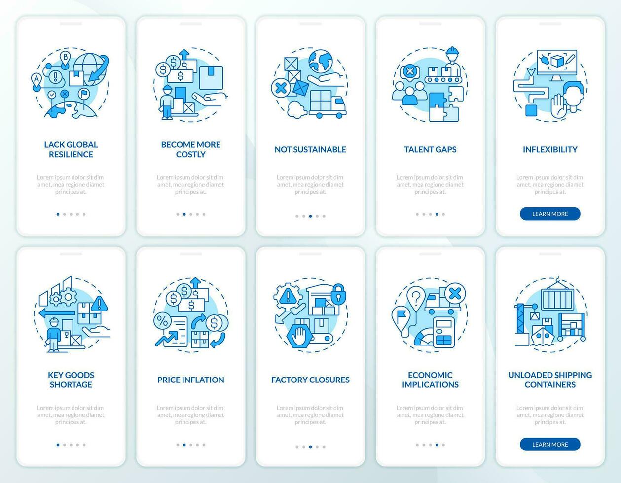 Supply chain disruptions blue onboarding mobile app screen. Logistics walkthrough 4 steps editable graphic instructions with linear concepts. UI, UX, GUI template vector