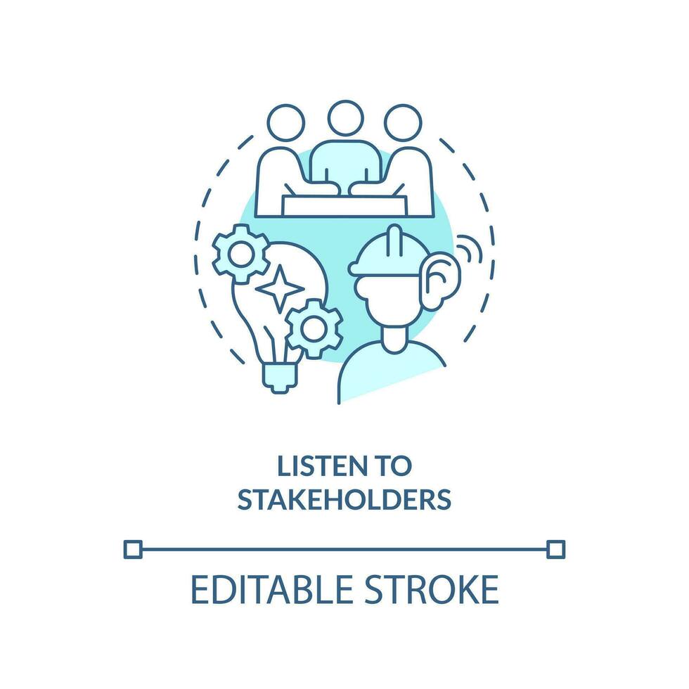 Listen to stakeholders turquoise concept icon. Supply chain. Disruption action plan abstract idea thin line illustration. Isolated outline drawing. Editable stroke vector