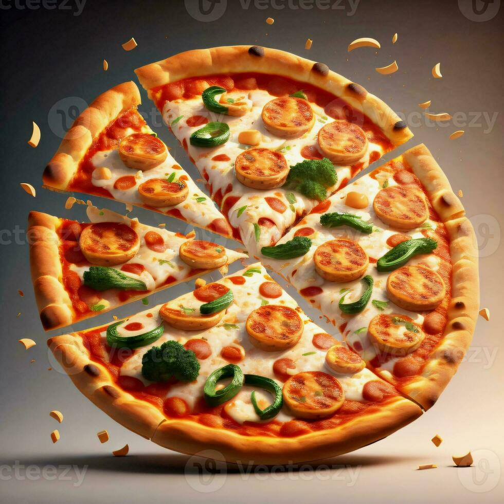 3D Realistic Flying Pizza concept with Black Background Generative ai photo