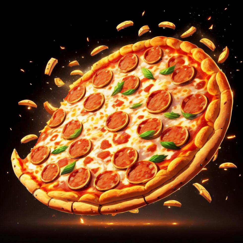 3D Realistic Flying Pizza concept with Black Background photo
