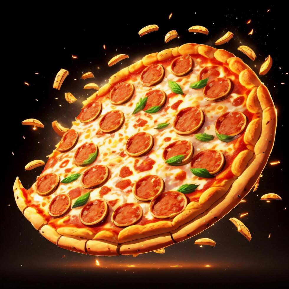 3D Realistic Flying Pizza concept with Black Background Generative ai photo