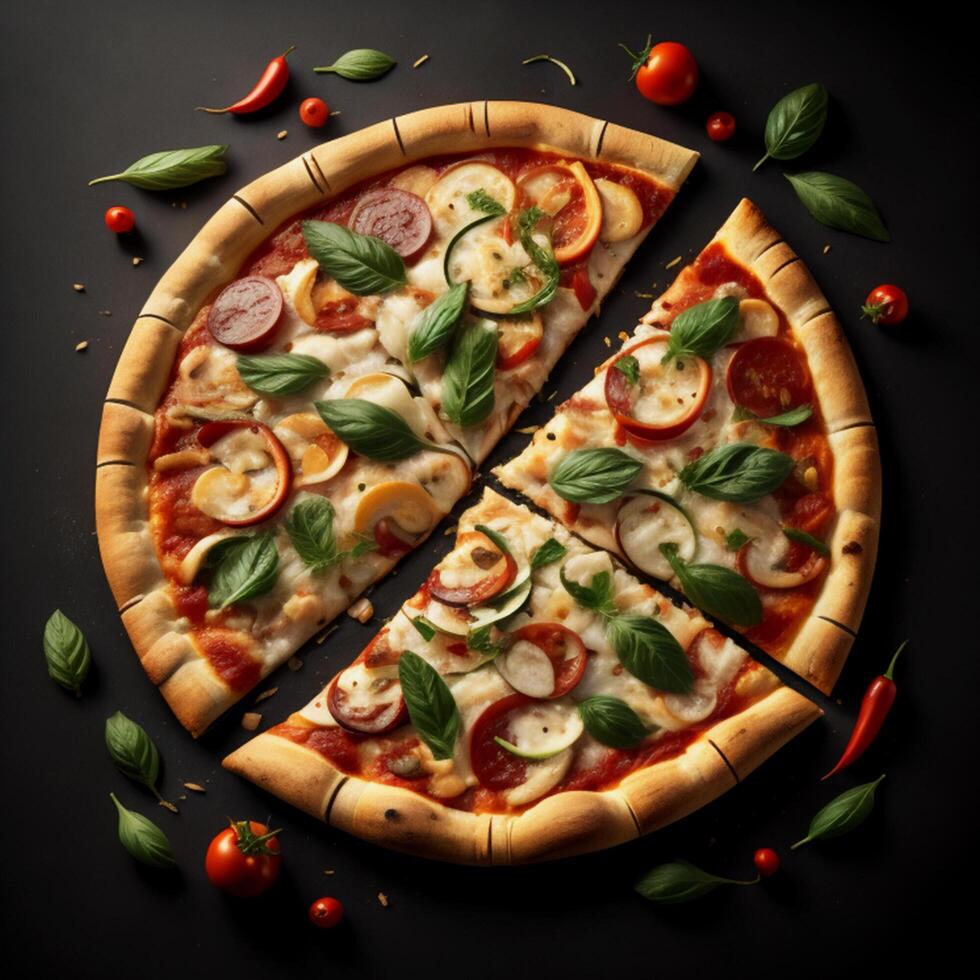 Delicious 3D pizza with vegetables isolated on black background photo