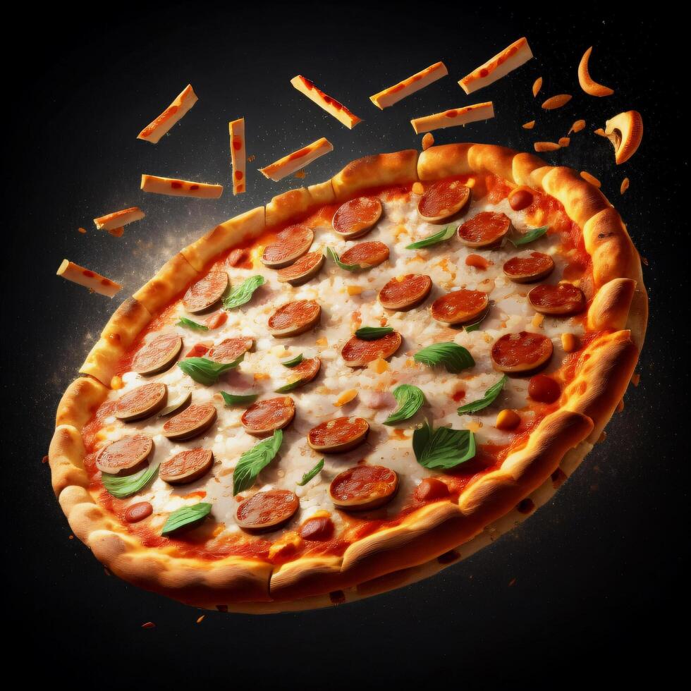 3D Realistic Flying Pizza concept with Black Background photo