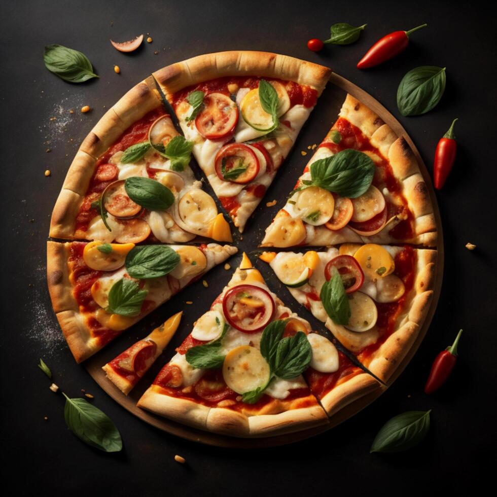 Delicious 3D pizza with vegetables isolated on black background photo