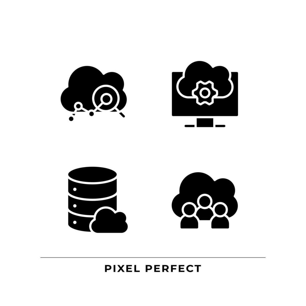 Cloud based service black glyph icons set on white space. Users access to data on internet. Virtual storage settings. Silhouette symbols. Solid pictogram pack. Vector isolated illustration