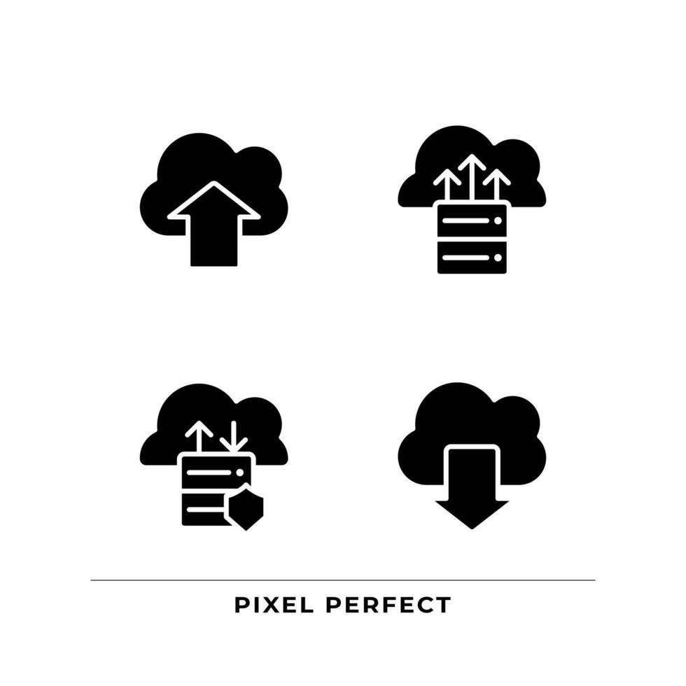 Data exchange via cloud resources black glyph icons set on white space. Upload and download files on virtual storage. Silhouette symbols. Solid pictogram pack. Vector isolated illustration