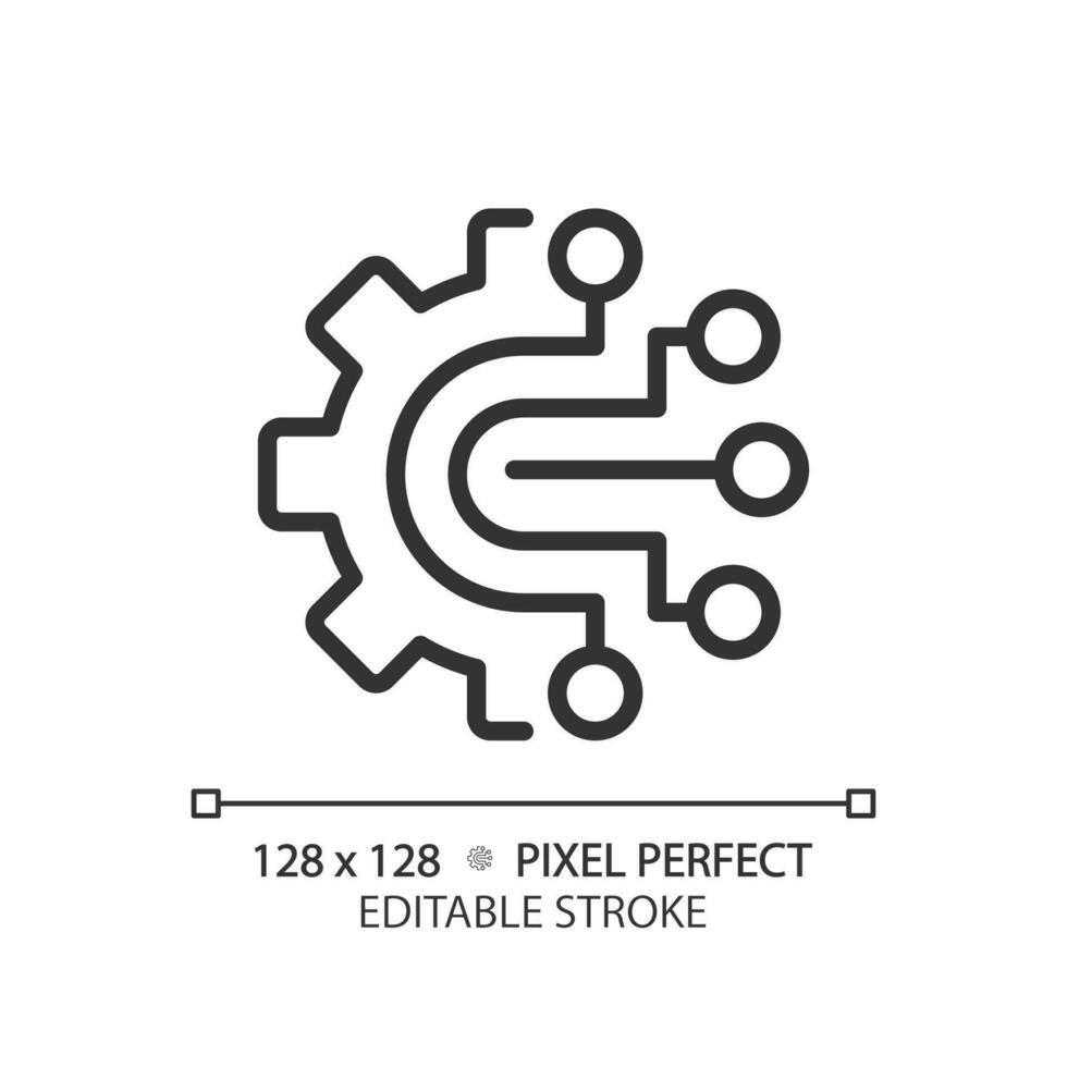 AIOps pixel perfect linear icon. Artificial intelligence for it operations. Automated process. Machine learning. Thin line illustration. Contour symbol. Vector outline drawing. Editable stroke