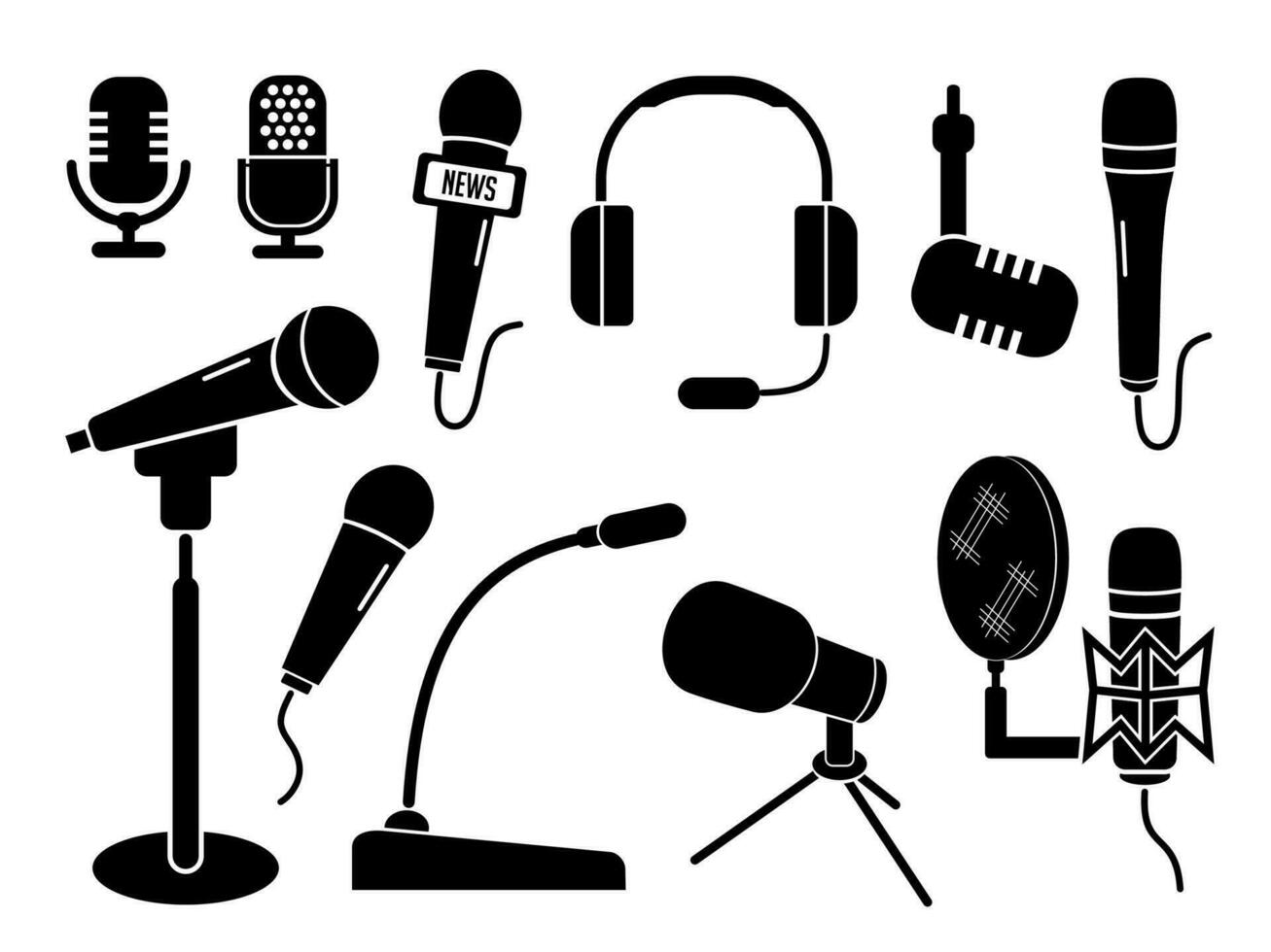 micrófono vector icono conjunto aislado en blanco antecedentes. podcast icono vector. voz vector icono. grabar micrófono - grabación estudio símbolo. retro micrófono icono.