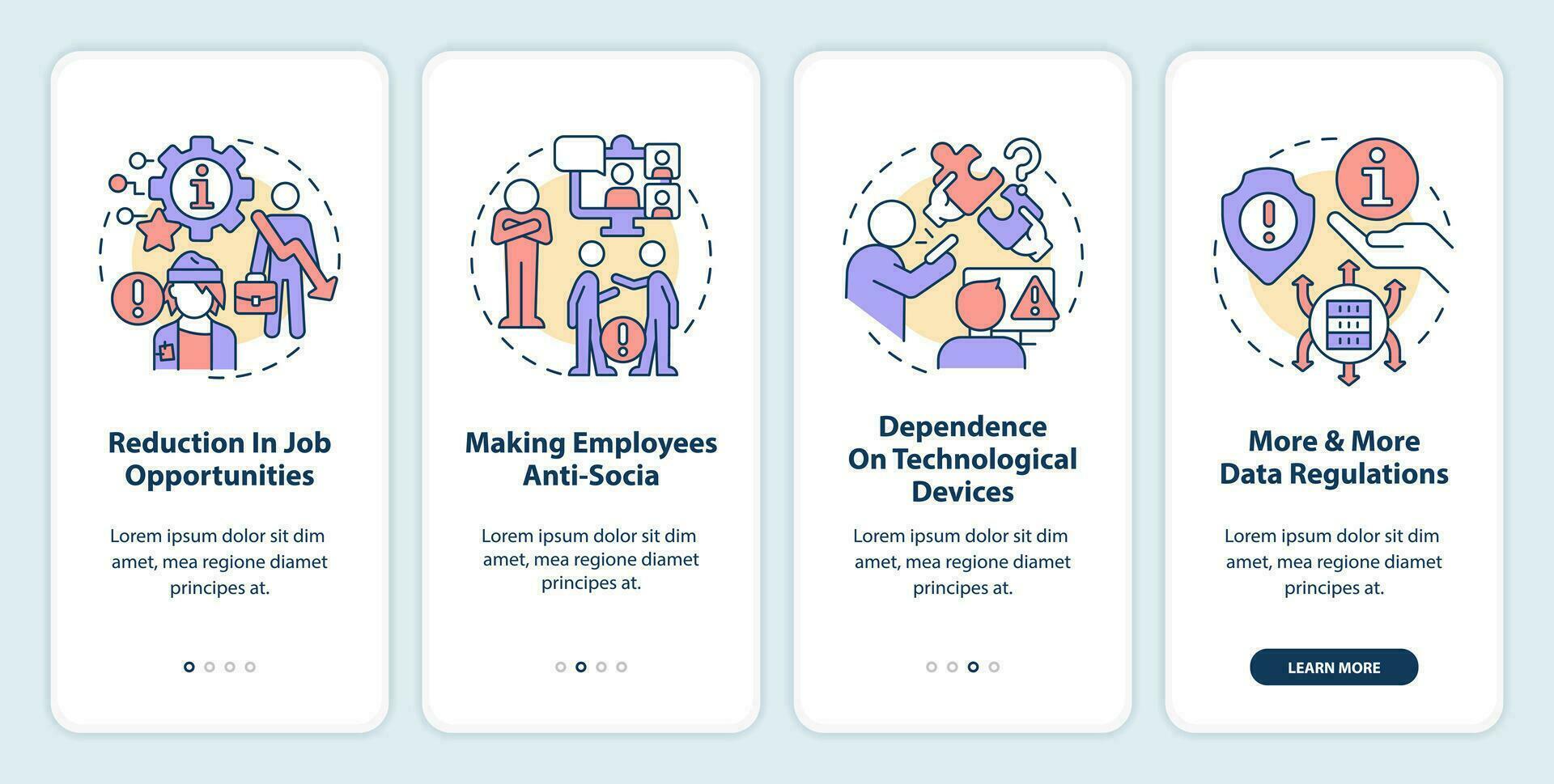 ICT in business disadvantages onboarding mobile app screen. Issues walkthrough 4 steps editable graphic instructions with linear concepts. UI, UX, GUI template vector