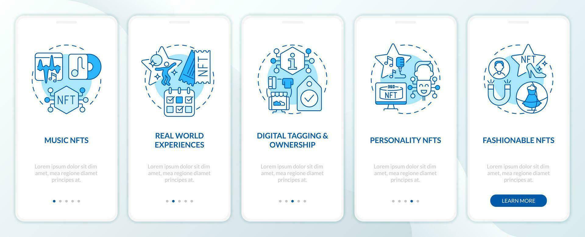 Trends in NFT space blue onboarding mobile app screen. Development walkthrough 5 steps editable graphic instructions with linear concepts. UI, UX, GUI template vector