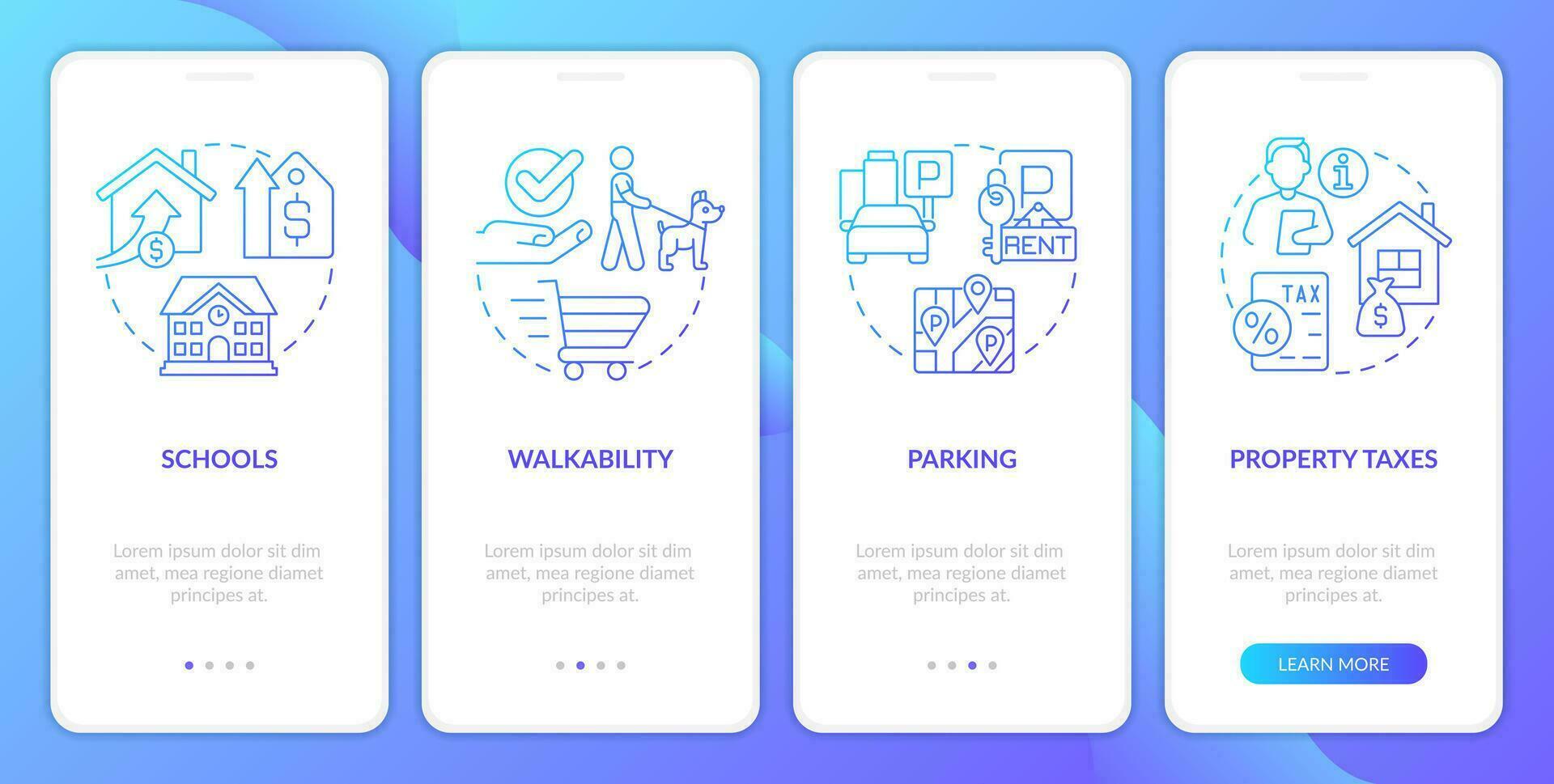 Residential area blue gradient onboarding mobile app screen. Real estate walkthrough 4 steps graphic instructions with linear concepts. UI, UX, GUI template vector
