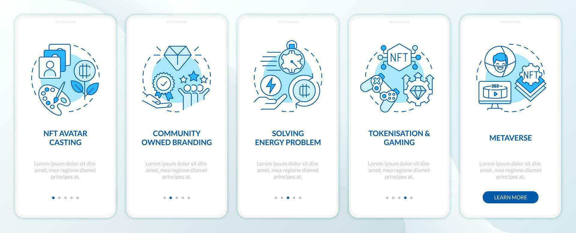 Important NFT trends blue onboarding mobile app screen. Marketing walkthrough 5 steps editable graphic instructions with linear concepts. UI, UX, GUI template vector