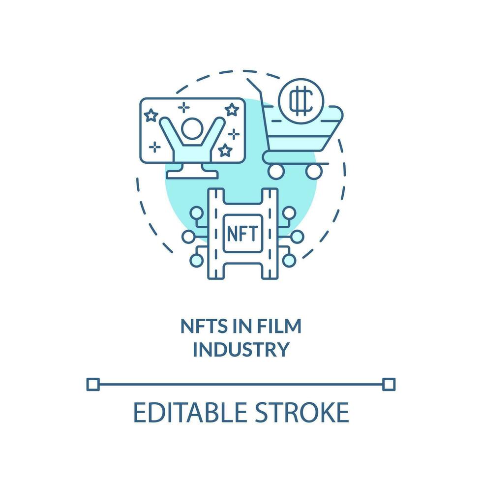 NFTs in film industry turquoise concept icon. TV and film projects. Promising trend abstract idea thin line illustration. Isolated outline drawing. Editable stroke vector