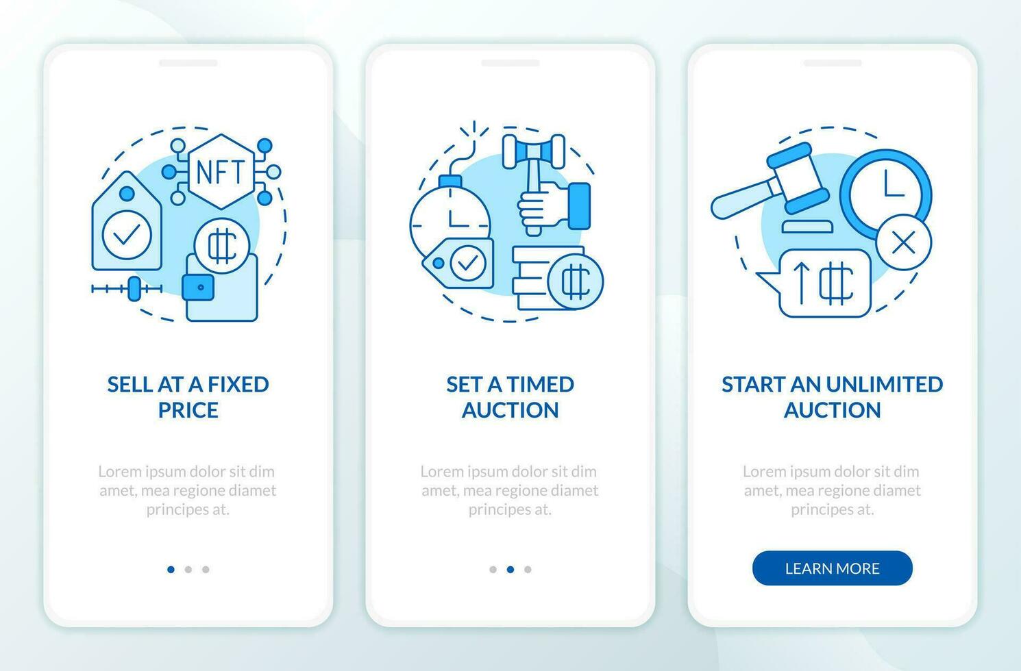 Ways of selling NFTs blue onboarding mobile app screen. Business walkthrough 3 steps editable graphic instructions with linear concepts. UI, UX, GUI template vector