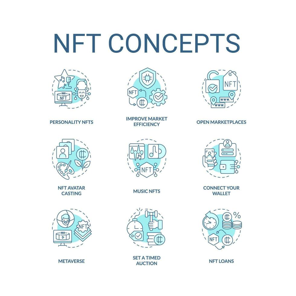 NFT turquoise concept icons set. Blockchain technology. Making money in cyberspace idea thin line color illustrations. Isolated symbols. Editable stroke vector