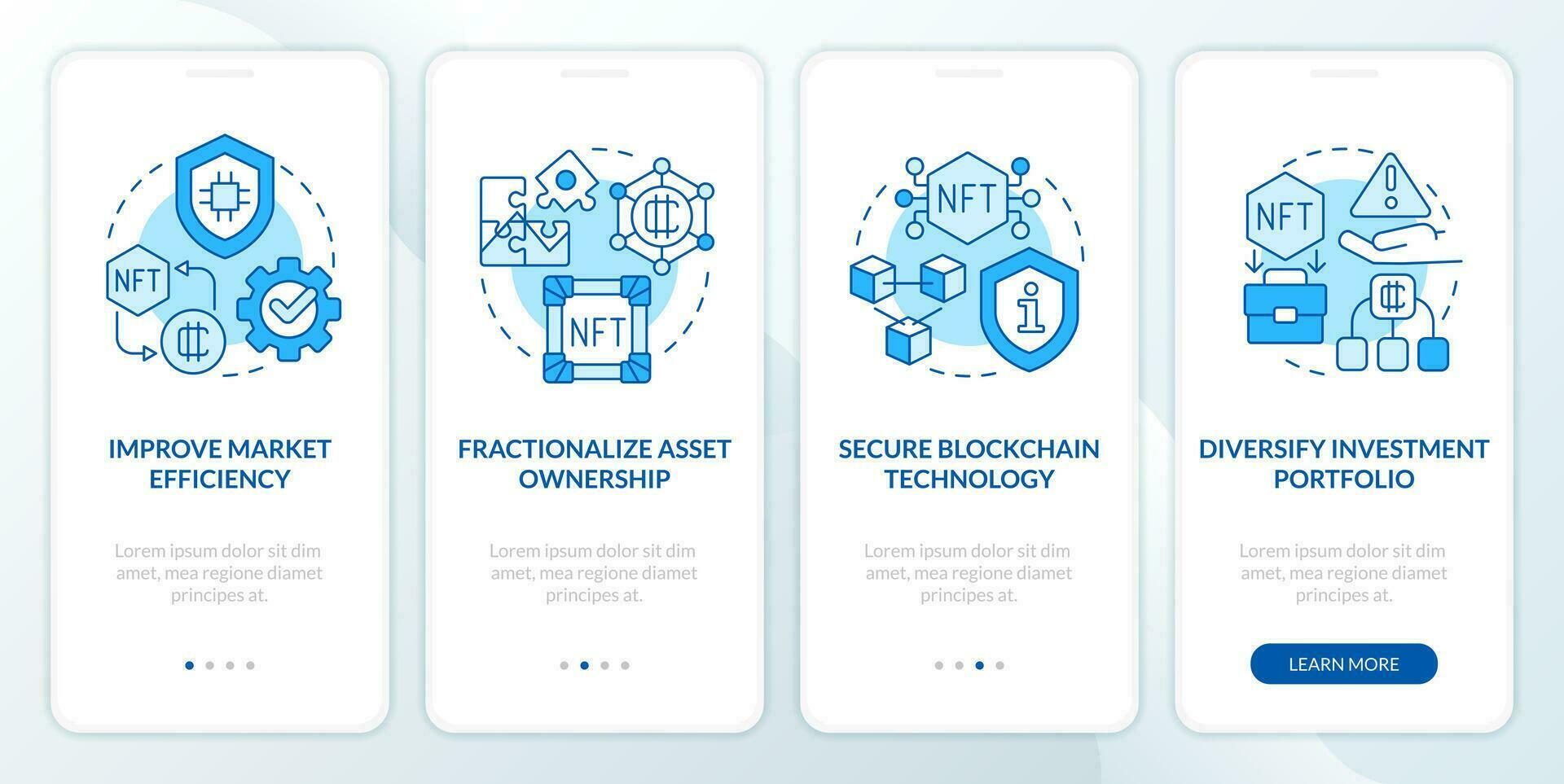 NFT benefits blue onboarding mobile app screen. Digital artworks walkthrough 4 steps editable graphic instructions with linear concepts. UI, UX, GUI template vector